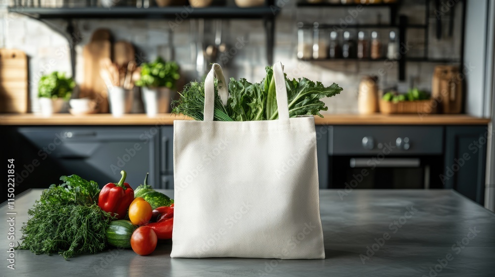 White eco friendly shopping bag with fresh vegetables. Linen tote shopper bag on modern kitchen table
