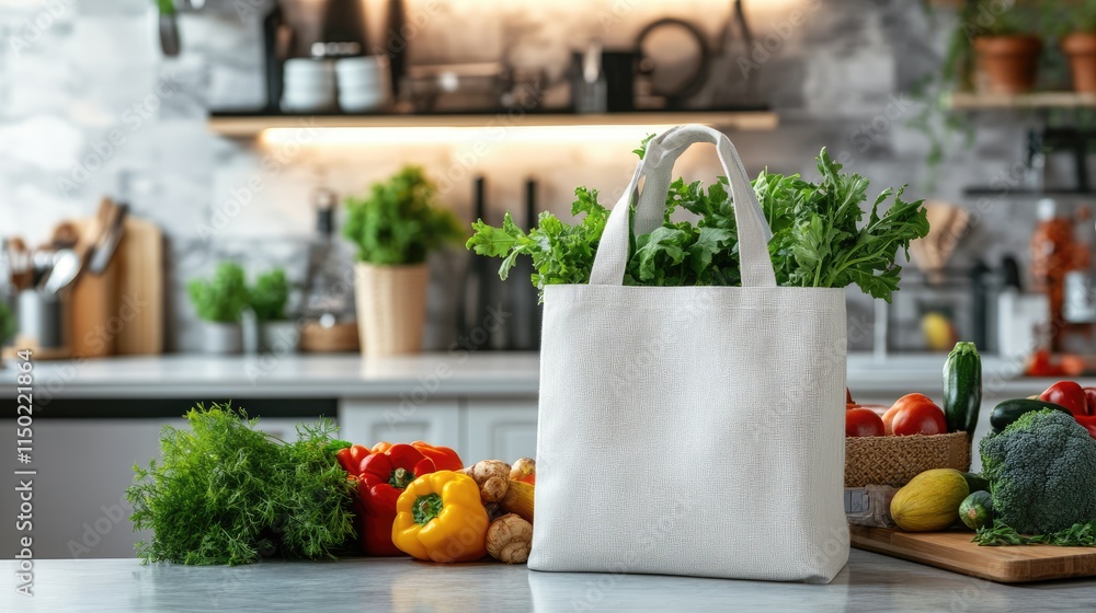 White eco friendly shopping bag with fresh vegetables. Linen tote shopper bag on modern kitchen table