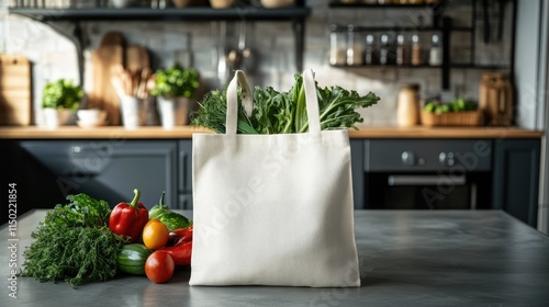 Obraz na płótnie White eco friendly shopping bag with fresh vegetables. Linen tote shopper bag on modern kitchen table w salonie