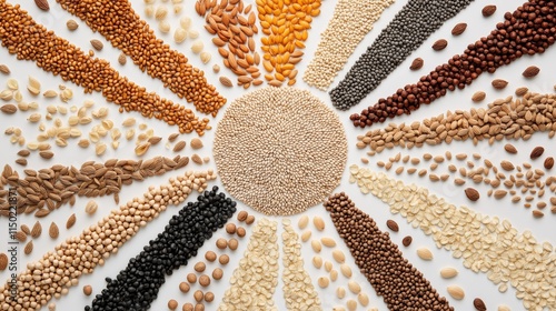 Variety of Seeds and Grains Arranged in Beautiful Patterns Highlighting Their Unique Shapes and Colors