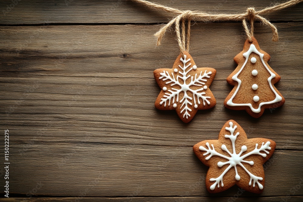 Christmas Gingerbread Cookies Hanging on Rustic Wood Christmas Gingerbread Cookies Hanging on Rustic Wood