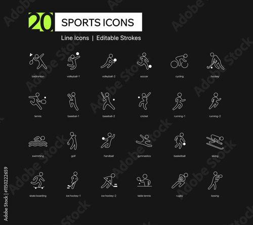 Minimal Sports Icons. Dark, Modern Line, outline icons of badminton, volleyball, soccer, cycling, hockey, tennis, baseball, cricket, running, swimming, golf, gymnastics, basketball, skiing, football