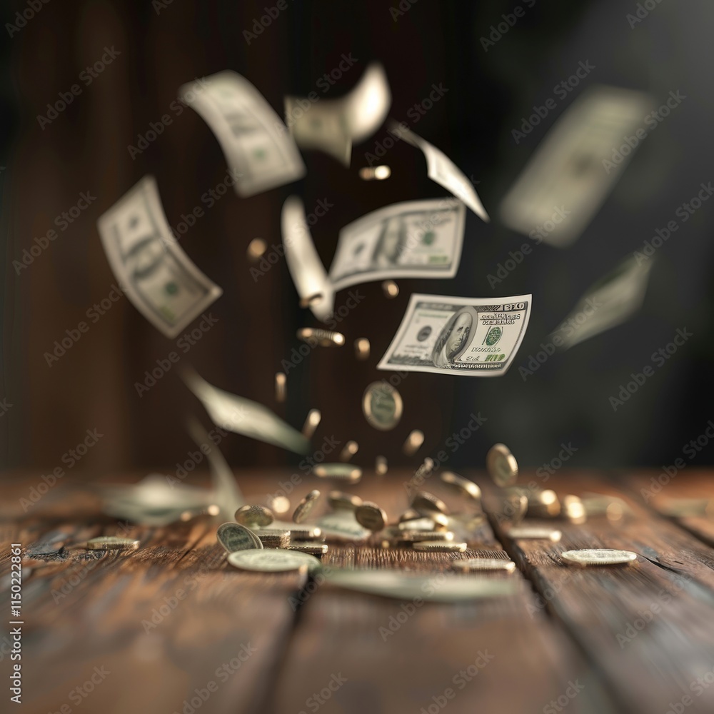 A dynamic scene of flying dollar bills and coins falling onto a wooden surface, symbolizing wealth and prosperity. A dynamic scene of flying dollar bills and coins falling onto a wooden surface, symbolizing wealth and prosperity.