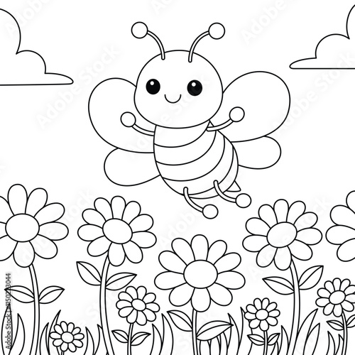 Cute kawaii cartoon character bee in the flower garden coloring page for kids