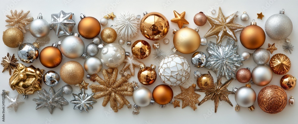 Festive holiday decorations with gold and silver ornaments on white background Festive holiday decorations with gold and silver ornaments on white background