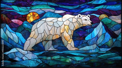 Stunning Stained Glass Artwork Featuring a Majestic Polar Bear in Vibrant Blues and Whites