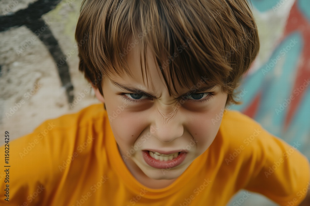 A young boy with an angry expression, wearing an orange t-shirt, stands against a graffiti-covered wall. His facial features show frustration and intensity. A young boy with an angry expression, wearing an orange t-shirt, stands against a graffiti-covered wall. His facial features show frustration and intensity.