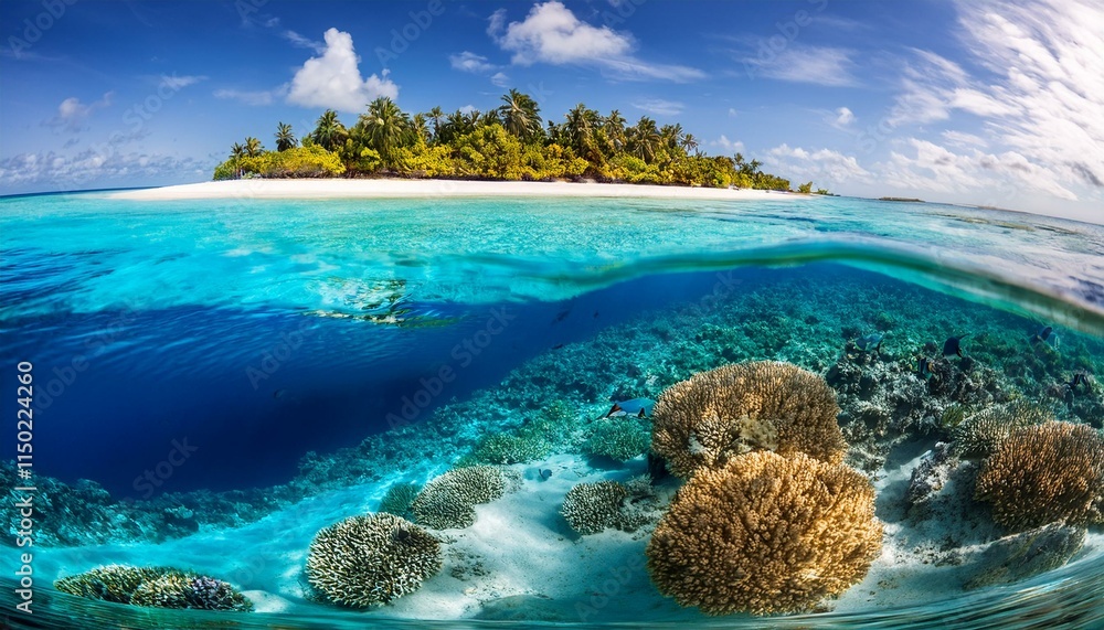 Fototapeta premium Generated image A vibrant coral atoll seen from underwater, with the island's sandy shore visible above