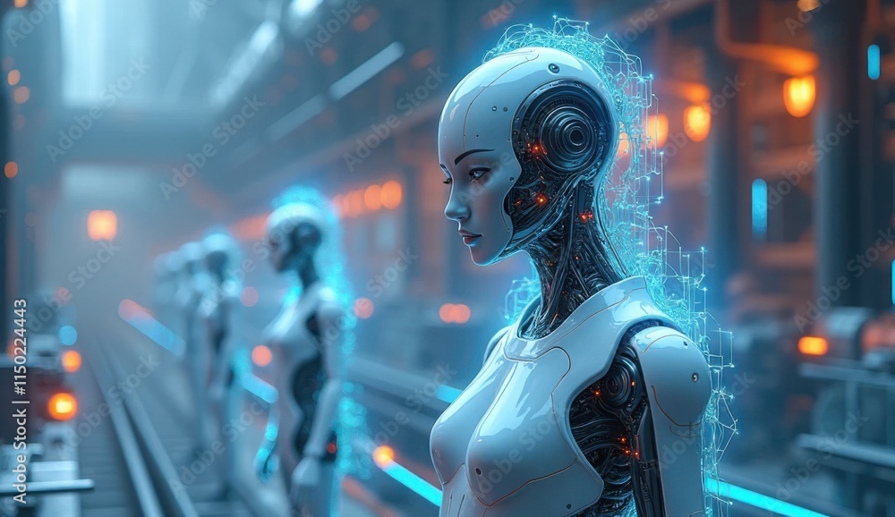 robots are walking down a train track in a futuristic city robots are walking down a train track in a futuristic city
