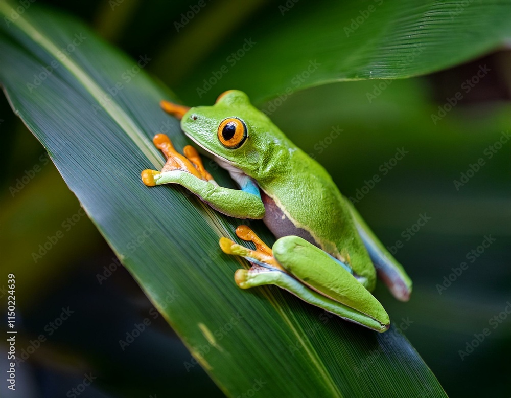 Fototapeta premium Generated image A vibrant green tree frog resting on a leaf amidst lush tropical foliage during daylight