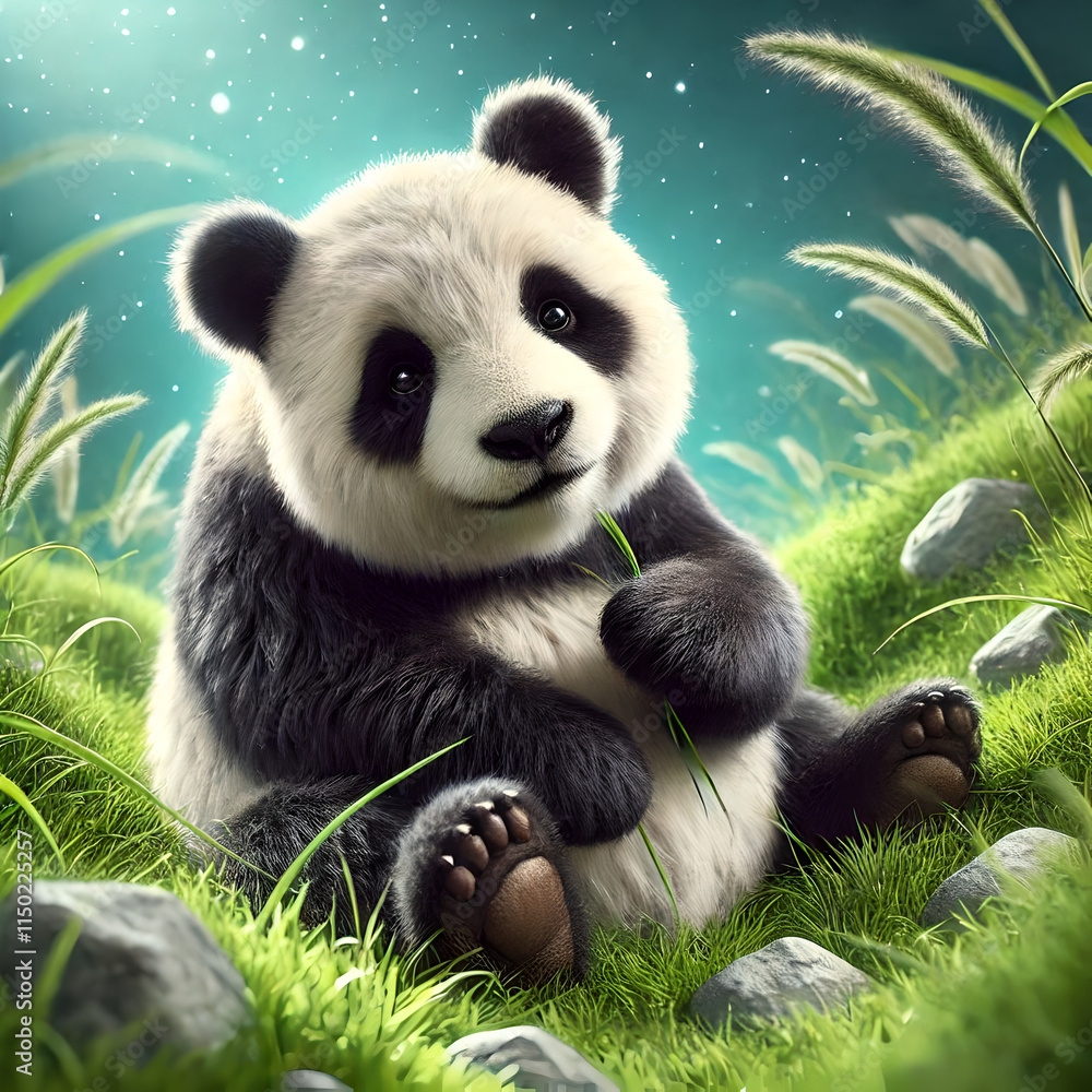 Obraz premium giant panda eating bamboo leaves