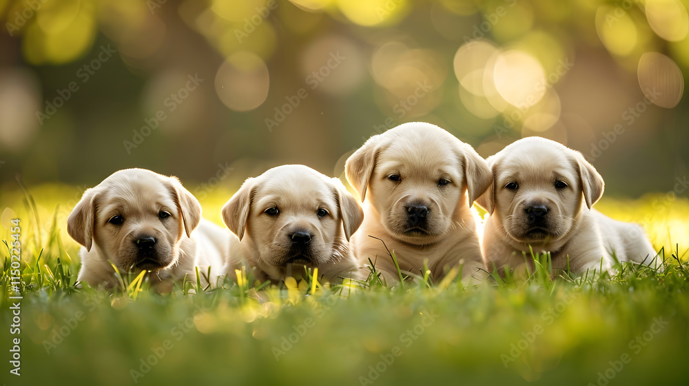 Five cute Labrador puppies resting on the grass, creating a joyful and heartwarming scene, showcasing their playful nature and soft fur in a serene outdoor setting