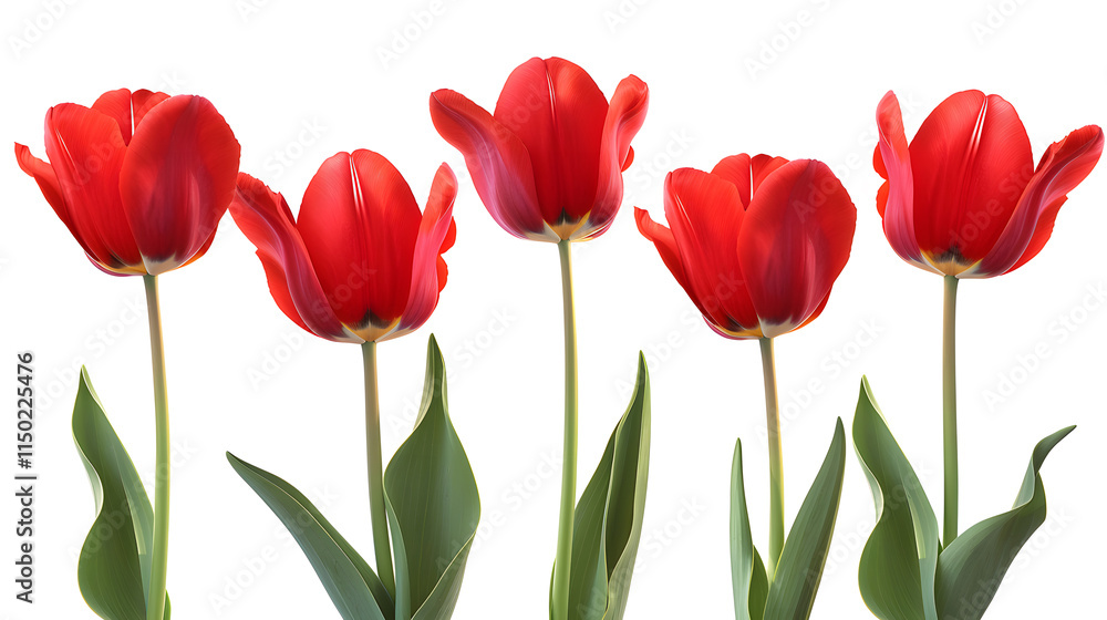 Five vibrant red tulips isolated on a white background, creating a clean and elegant floral design, perfect for decor, art, and nature-inspired visuals Five vibrant red tulips isolated on a white background, creating a clean and elegant floral design, perfect for decor, art, and nature-inspired visuals