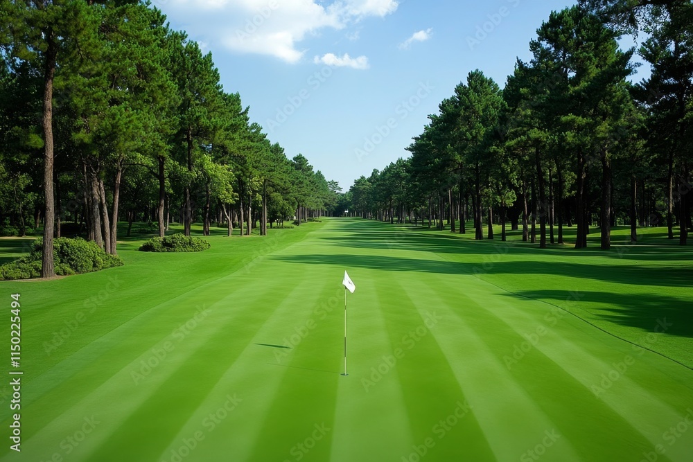 Fototapeta premium A serene golf course surrounded by lush trees, with a flag marking the hole visible in the distance