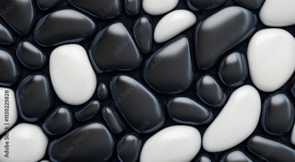 Contrast of smooth black and white stones arranged in decorative pattern on a flat surface Contrast of smooth black and white stones arranged in decorative pattern on a flat surface