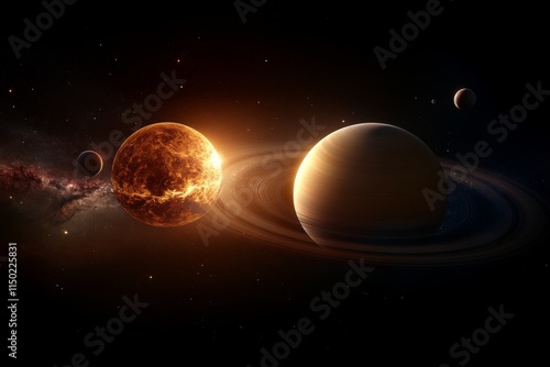 Exploration of celestial bodies featuring a fiery planet next to a ringed giant situated in deep space photo