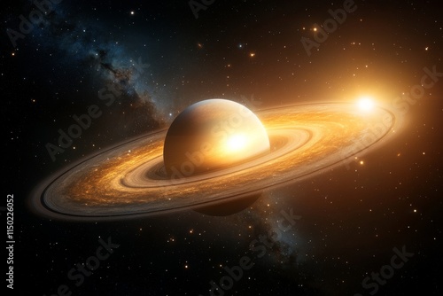 Stunning view of Saturn surrounded by its vibrant rings against a backdrop of distant stars photo