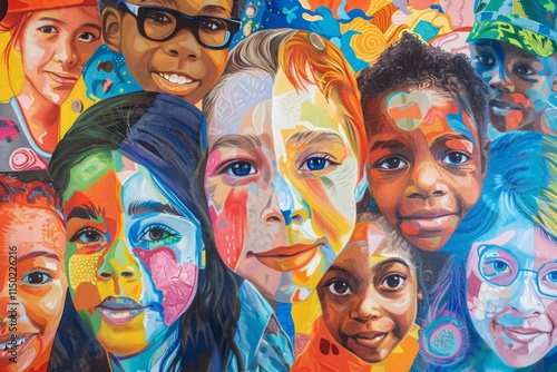 A painting of children with different colored faces