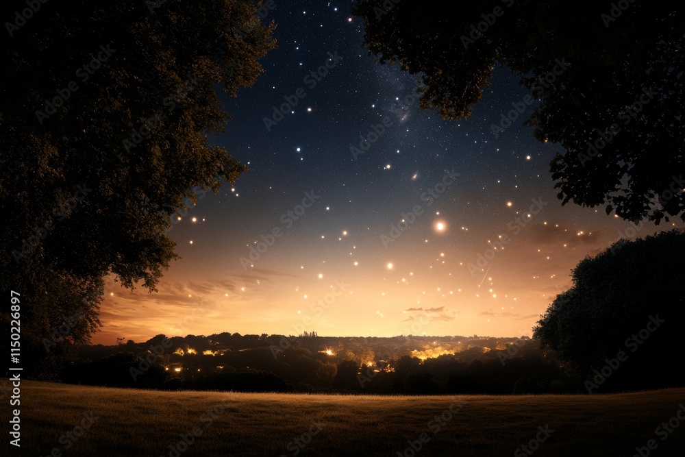 Starlit night over a tranquil landscape with glowing city lights in the distance Starlit night over a tranquil landscape with glowing city lights in the distance