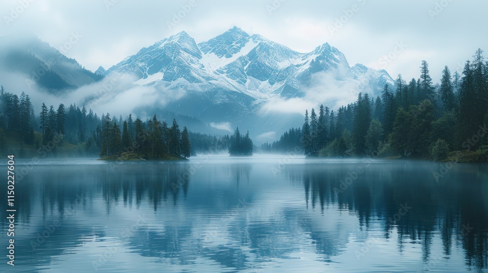 Serene mountain lake scene with fog, trees, and snow-capped peaks reflecting on calm water.