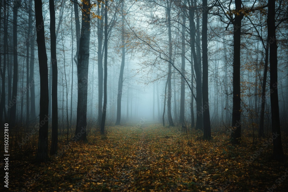 Obraz premium Misty landscape featuring a solitary tree atop a rocky hill in a serene environment