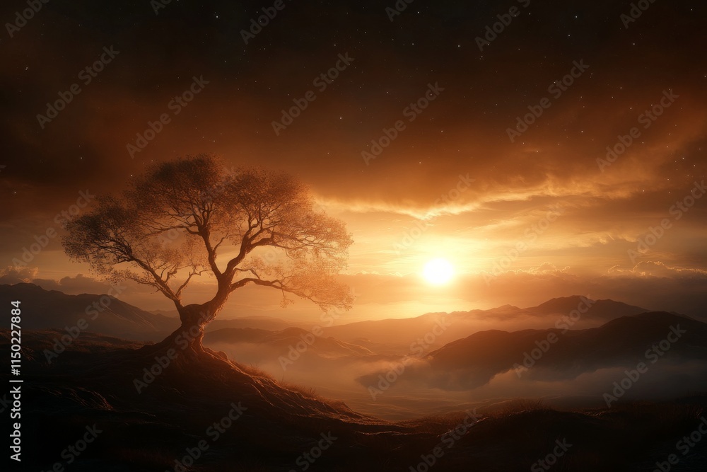 Majestic sunset over a solitary tree in a tranquil valley with distant mountains and mist Majestic sunset over a solitary tree in a tranquil valley with distant mountains and mist