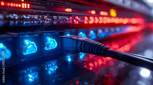 Close up of data center rack with cloud networking cables and copy space concept as A macro image focusing on a data center rack filled with cloud networking cables highlighting the infrastructure beh photo