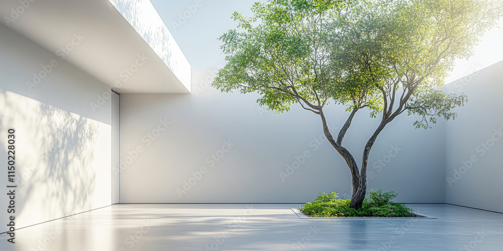 Obraz premium Bright minimalist courtyard with a single tree under clear blue sky