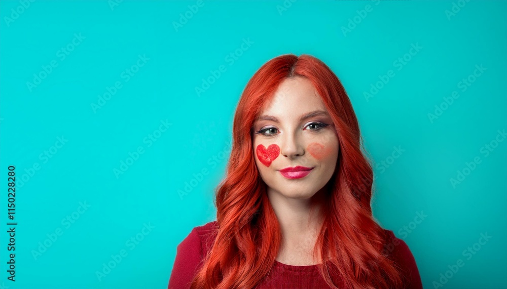 Generated image A woman with vibrant red hair and a heart shape painted on her cheek Generated image A woman with vibrant red hair and a heart shape painted on her cheek