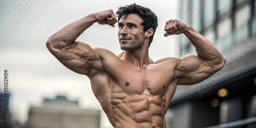 Portrait of a muscular bodybuilder: A young, athletic man presents his impressively defined muscles in a classic bodybuilding pose photo