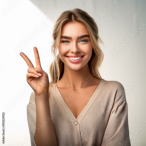 Wallpaper Mural Generated image A young woman showing a peace gesture with her hand Torontodigital.ca