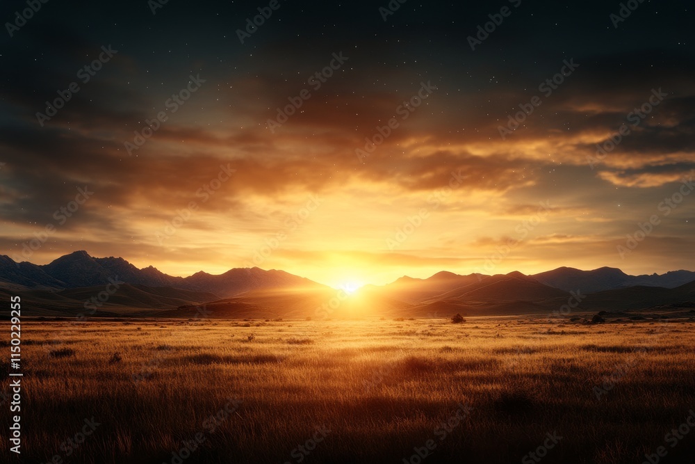 Golden sunrise over tranquil mountains and fields creates a serene morning atmosphere in nature