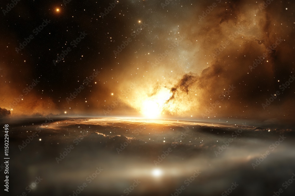 Vibrant cosmic eruption of light shining through swirling clouds in the vast universe Vibrant cosmic eruption of light shining through swirling clouds in the vast universe