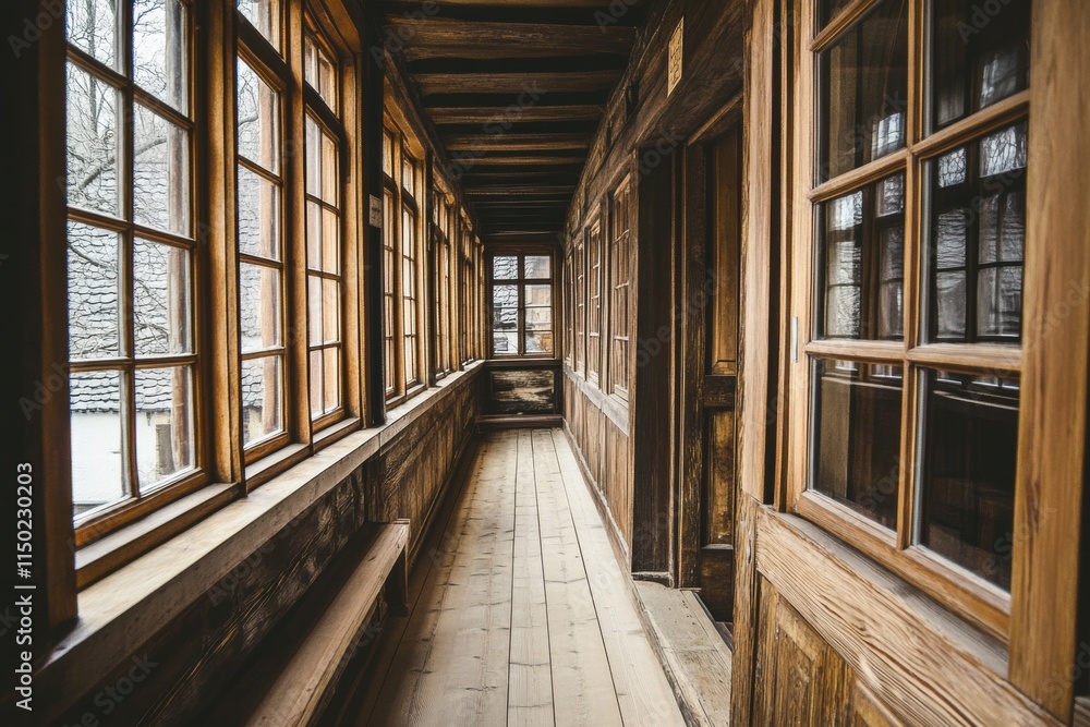 Old Wooden Corridor with Windows