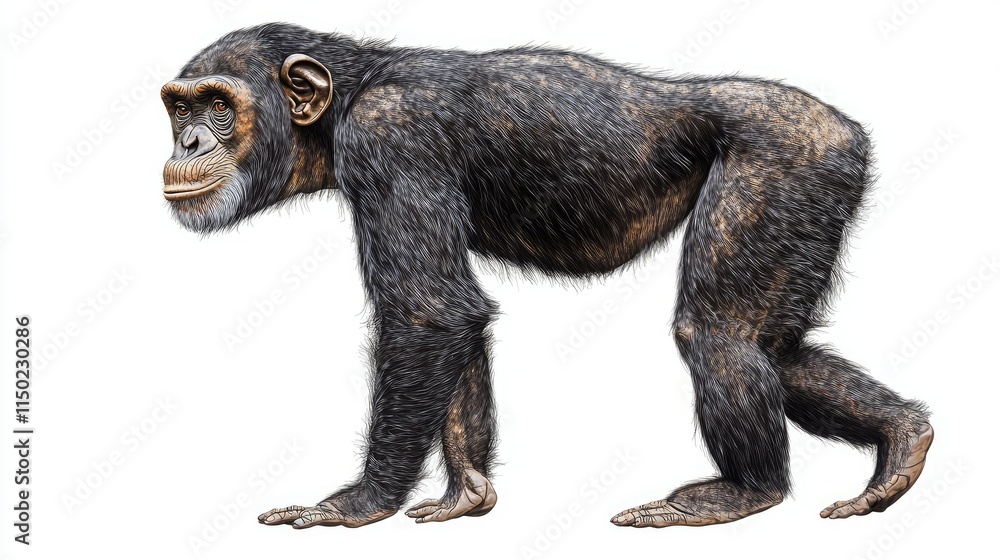 Fototapeta premium Side view clipart of a chimpanzee standing upright, featuring realistic proportions and isolated on white.