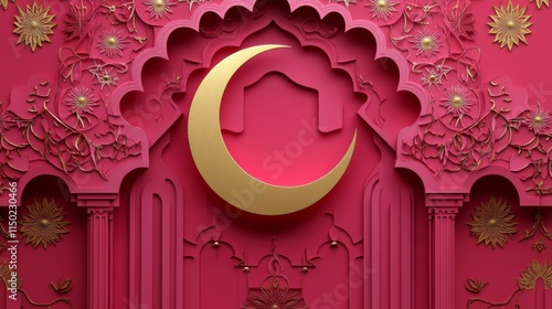 Eid Mubarak paper graphic of islamic festival design with crescent moon and islamic decorations photo