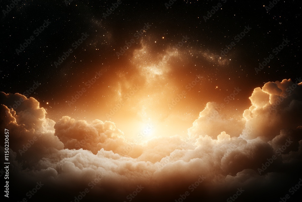 Majestic sunrise illuminates clouds with vibrant colors over a serene landscape in early morning hours Majestic sunrise illuminates clouds with vibrant colors over a serene landscape in early morning hours