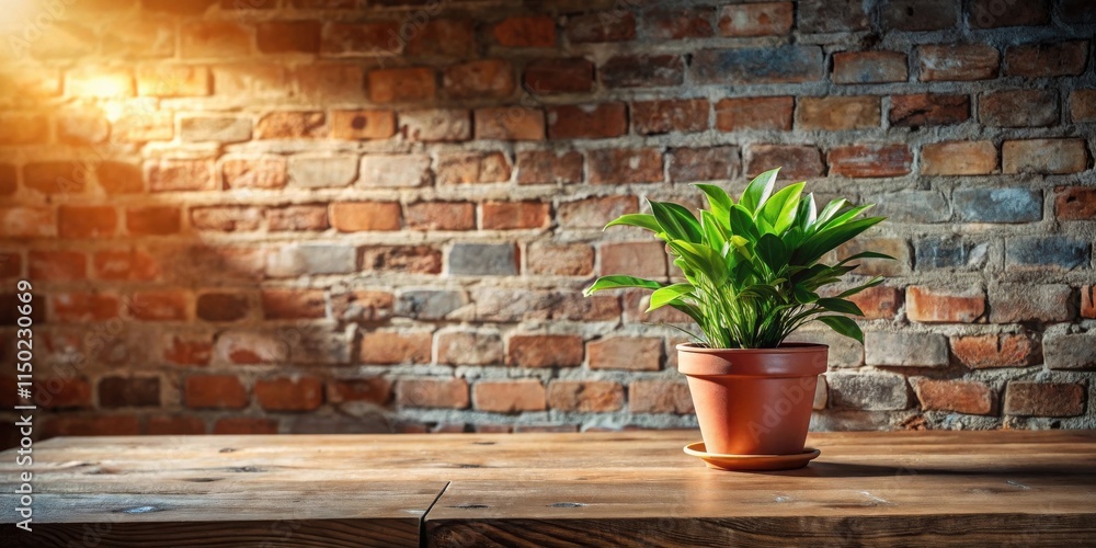 Rustic wooden table with potted plant against sunlit brick wall Rustic wooden table with potted plant against sunlit brick wall