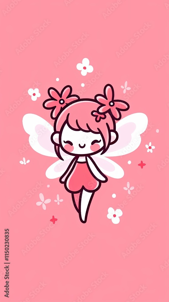 Cute Pink Fairy Illustration with Flowers Cute Pink Fairy Illustration with Flowers