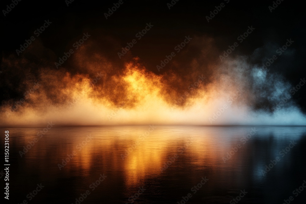 Colorful reflections of flames and smoke over a calm body of water at night Colorful reflections of flames and smoke over a calm body of water at night