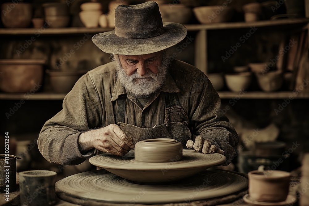 Crafting timeless pottery in a rustic workshop showcasing the artistry of a skilled ceramic creator Crafting timeless pottery in a rustic workshop showcasing the artistry of a skilled ceramic creator