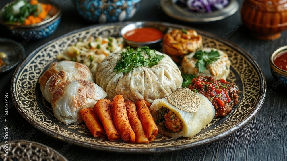 Traditional Uzbek samsa displayed on a rustic plate, highlighting the textures and rich flavors of Eastern cuisine. Traditional Uzbek samsa displayed on a rustic plate, highlighting the textures and rich flavors of Eastern cuisine.