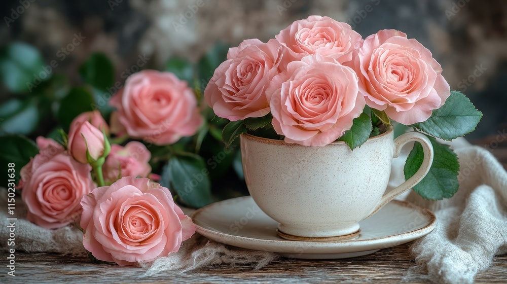 Pink roses in a teacup on rustic wooden table. Pink roses in a teacup on rustic wooden table.