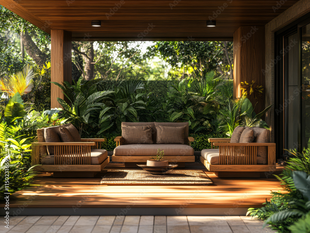 Fototapeta premium Cozy outdoor seating area surrounded by lush greenery in a tranquil garden setting