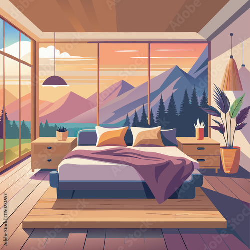A minimalist bedroom with a mountain view.