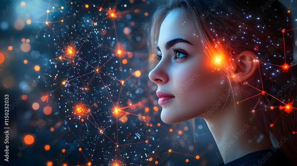 Businesswoman Engaging Virtual Global Network Interface with Connectivity Nodes Businesswoman Engaging Virtual Global Network Interface with Connectivity Nodes