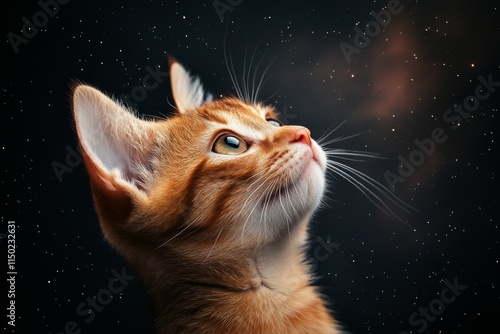 Curious orange tabby cat gazes upward at starry night sky full of wonder and imagination photo