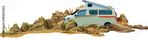 Camper van parked on rocky terrain, embracing the outdoor adventure