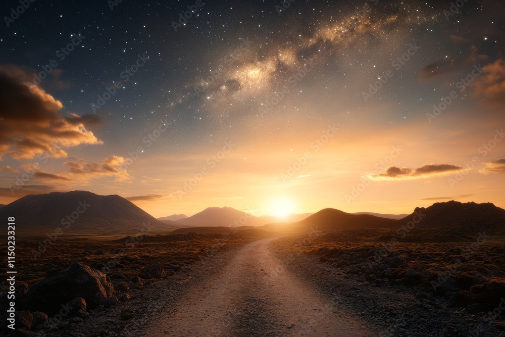 Vibrant sunset over a winding dirt road with a starry sky in the background across mountainous terrain Vibrant sunset over a winding dirt road with a starry sky in the background across mountainous terrain