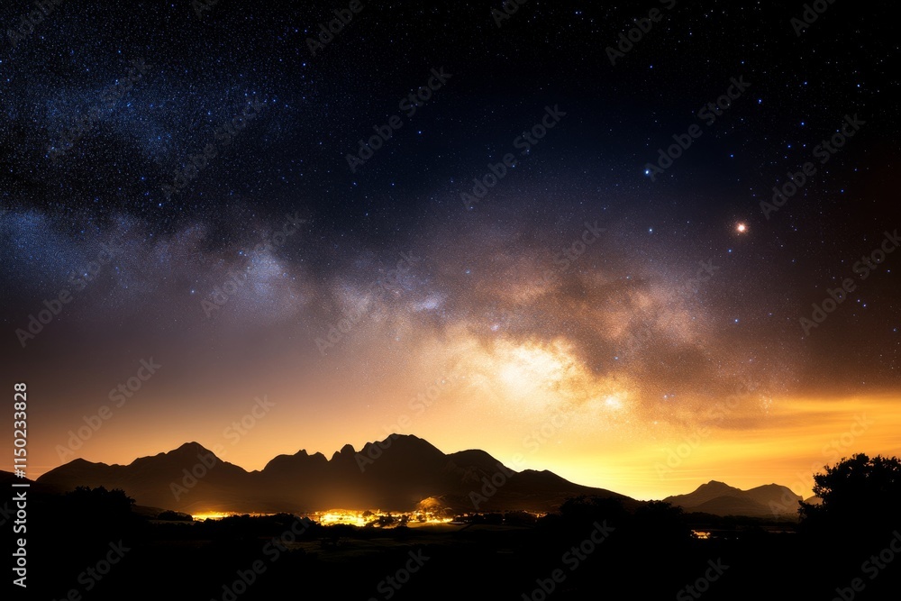 Night sky displays vibrant stars over mountain landscape with glowing city lights below Night sky displays vibrant stars over mountain landscape with glowing city lights below